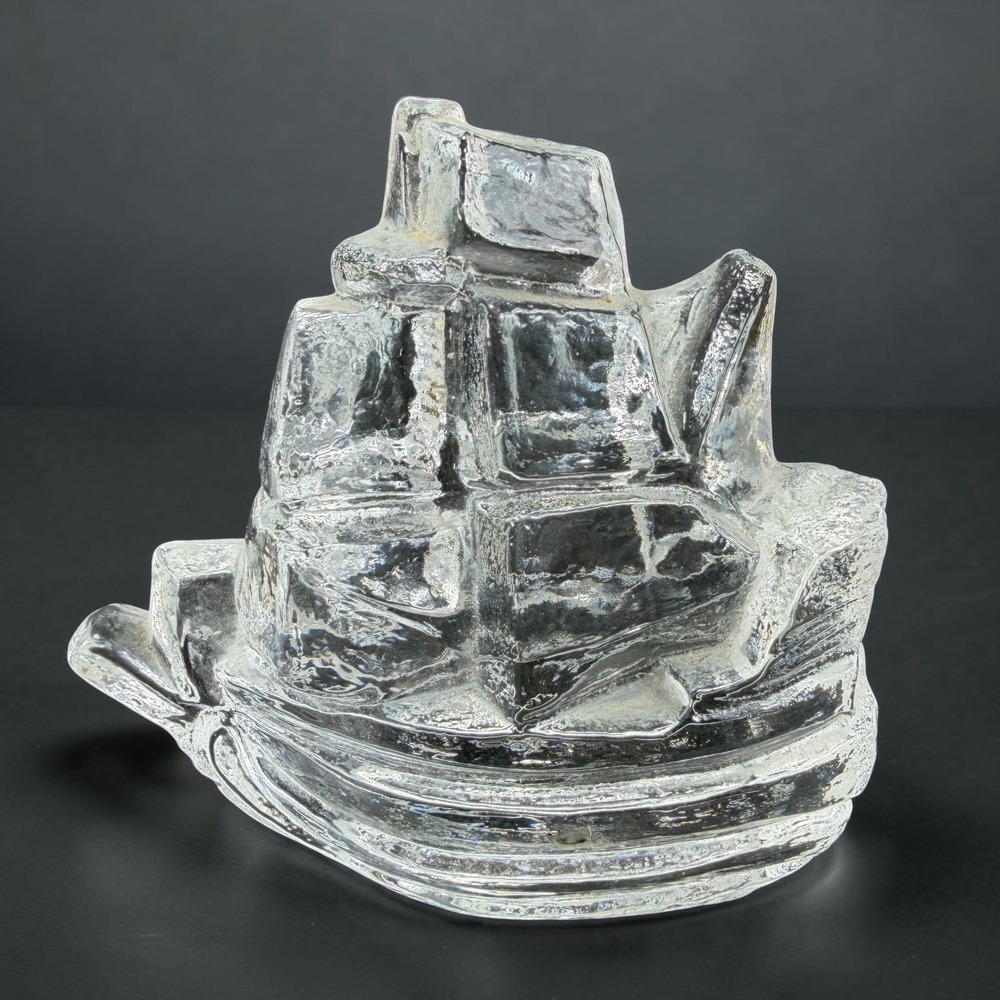 Pukeberg Sweden Uno Westerberg Art Glass Sailing Ship Sculpture Clear Ice Glass